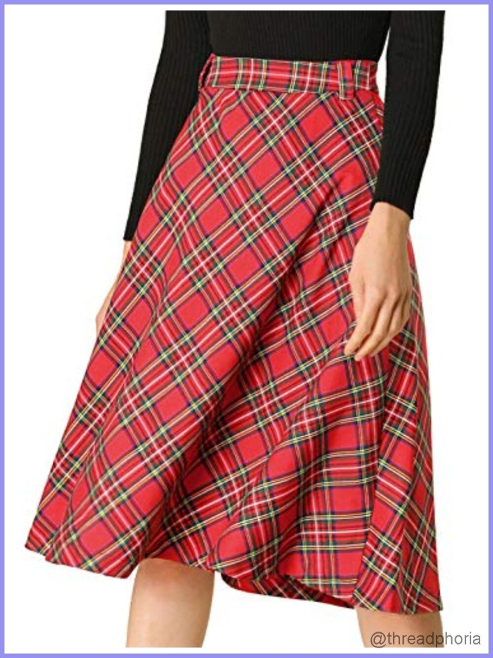 Plaid Tartan High Waist Belted A-Line Midi Skirt